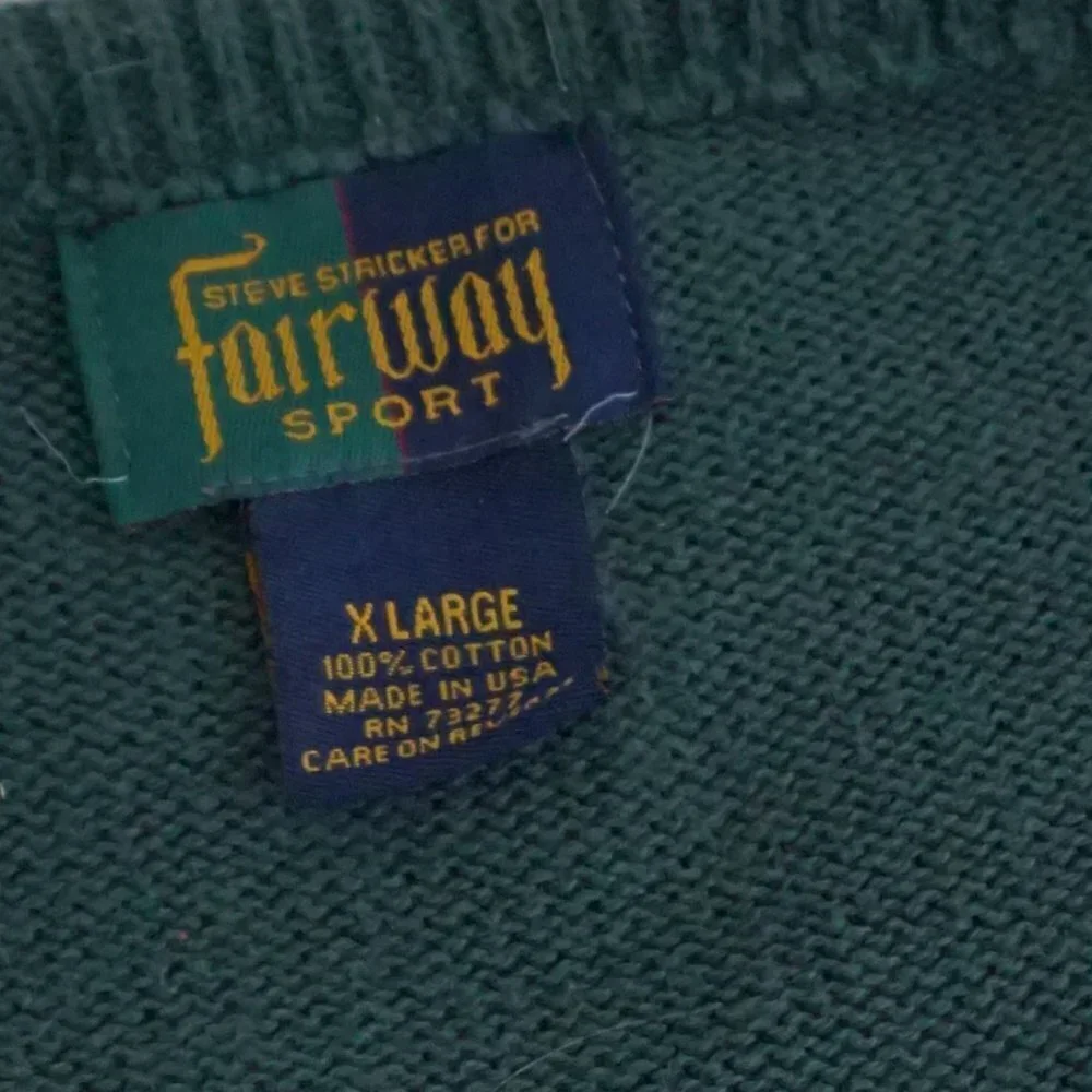 Vintage 90s Steve Strickland fairway sportswear green cotton knit v-neck Vest XL - Picture 8 of 8